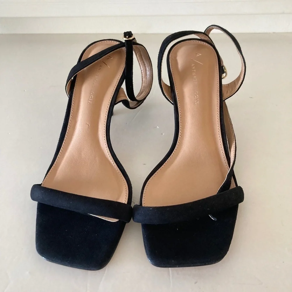 Anthropologie Square Toe Ankle Strap Black Suede Heels Sz 37